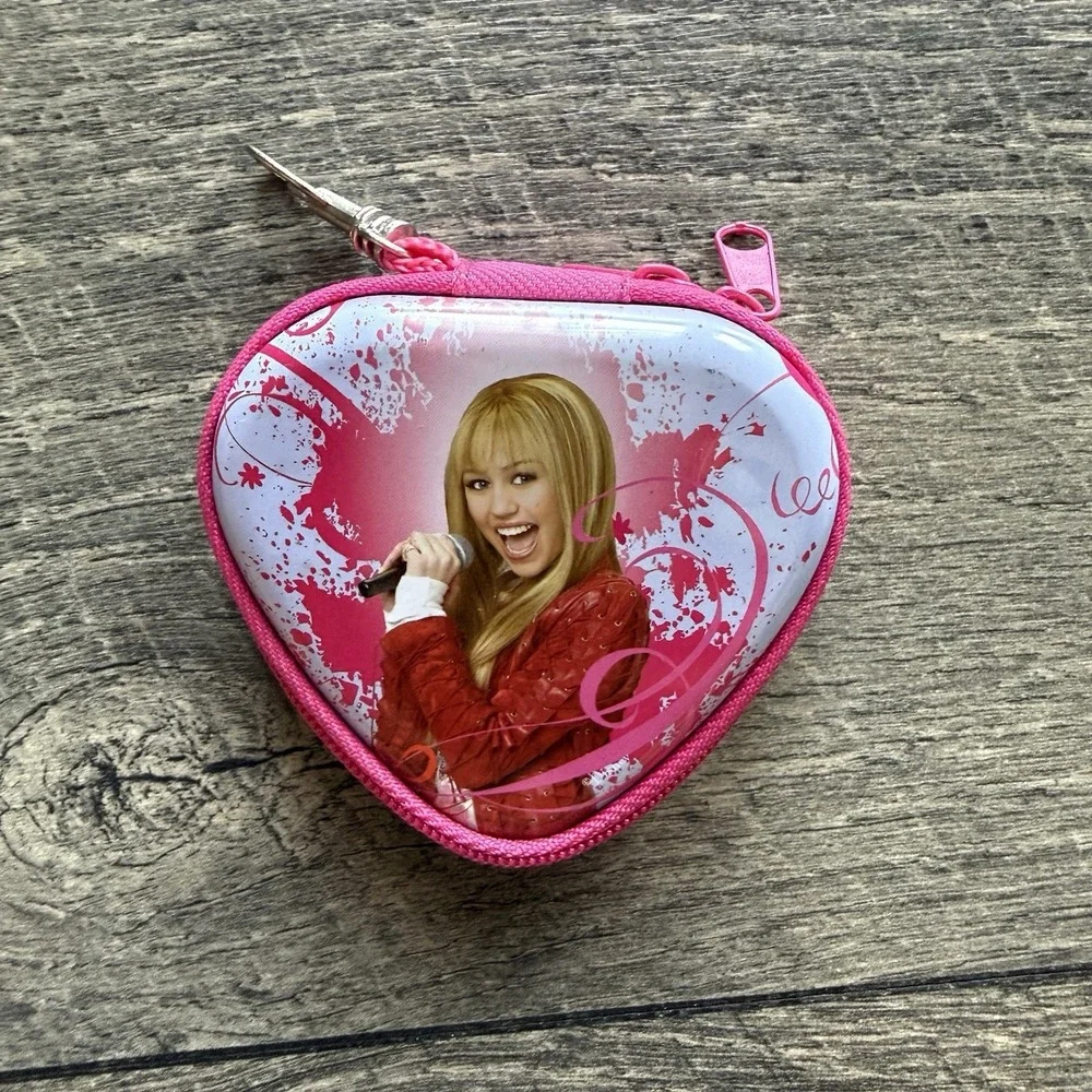 VTG Disney Hannah Montana Heart Shaped Coin Purse Keychain Pink Zip Wallet Pouch